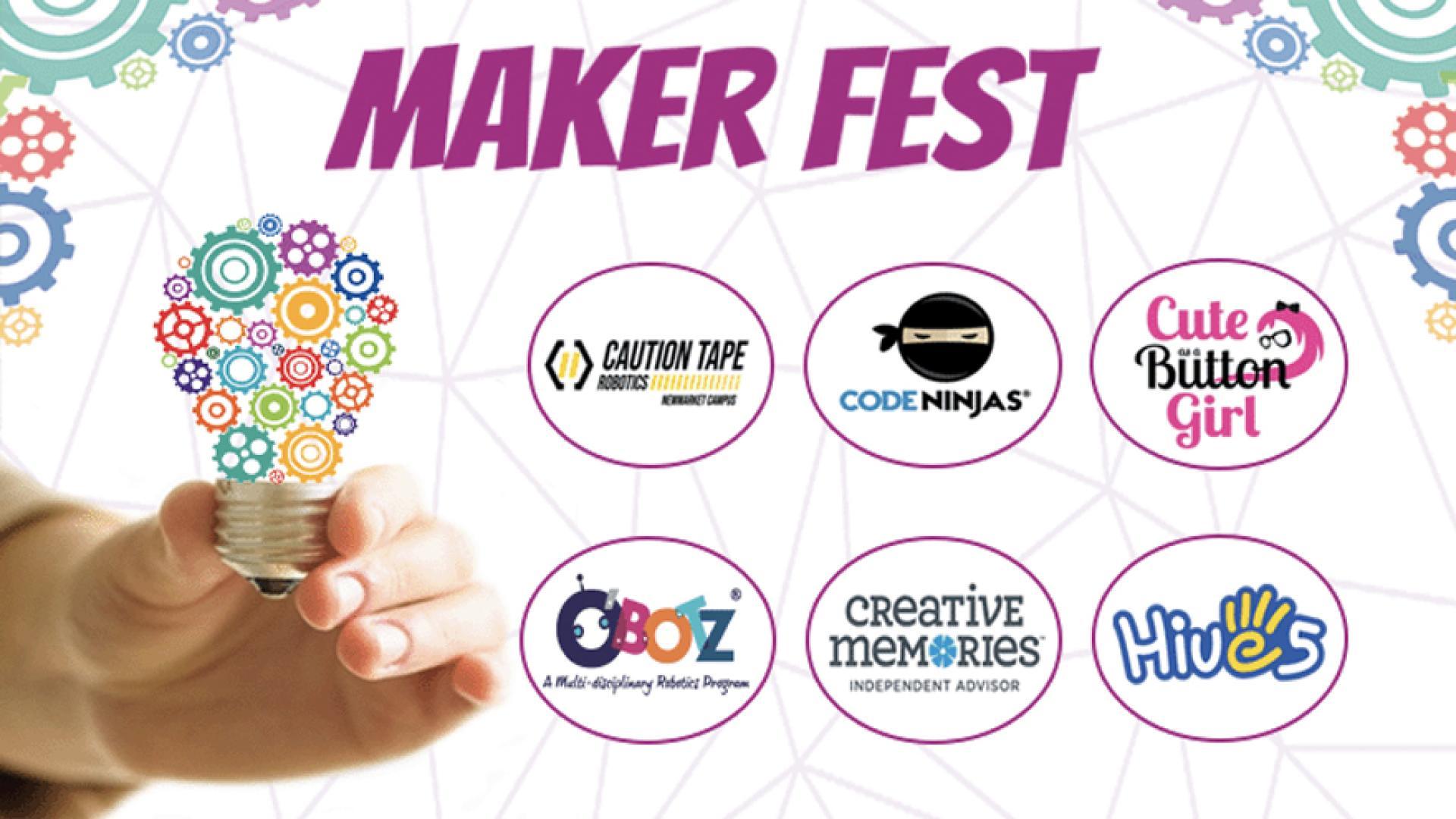 Hand holding a ligthbulb with title that says Maker Fest.  Participating partner logos included.