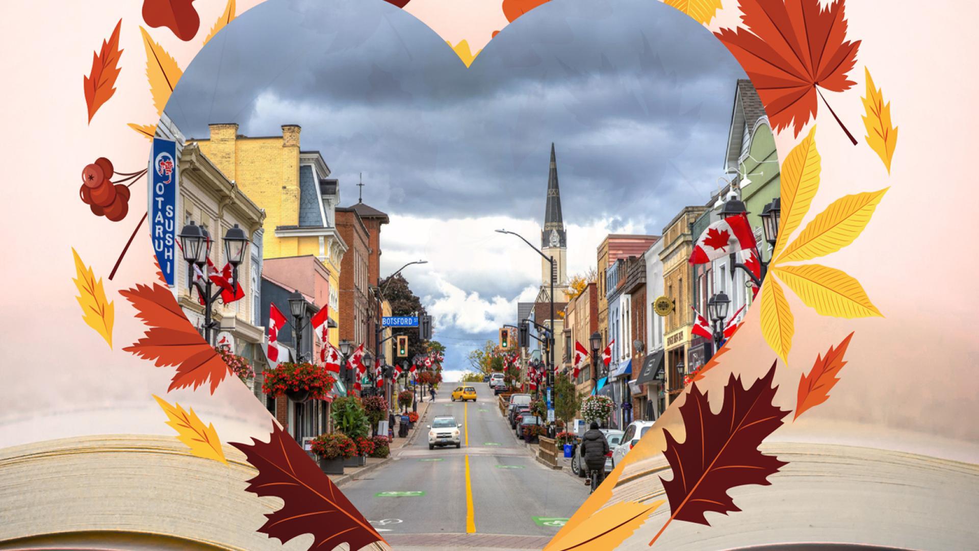 Open book with picture of downtown Newmarket and leaves around it