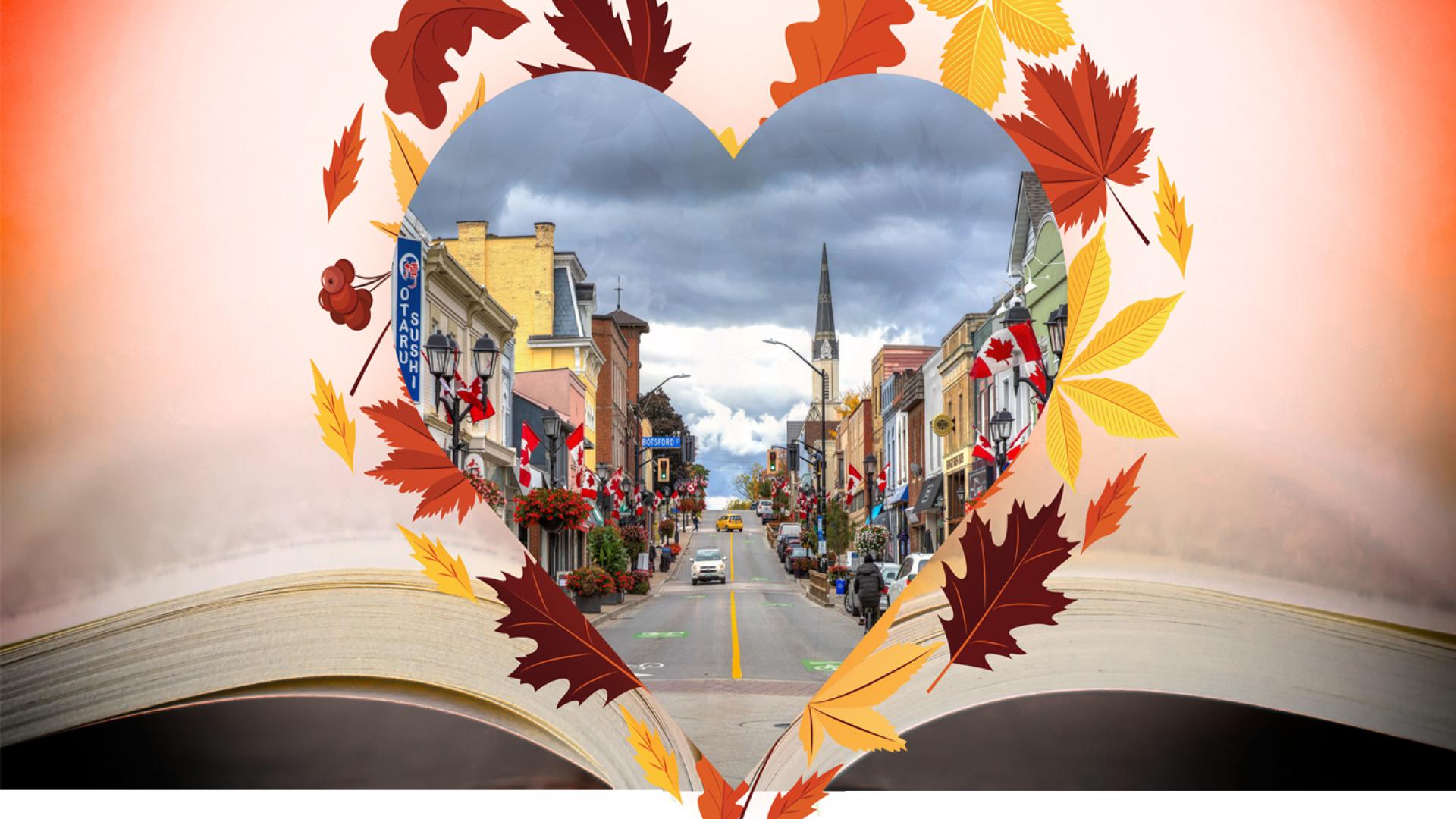 book with picture of Downtown Nemwarket in a heart shape, leaves surronding it
