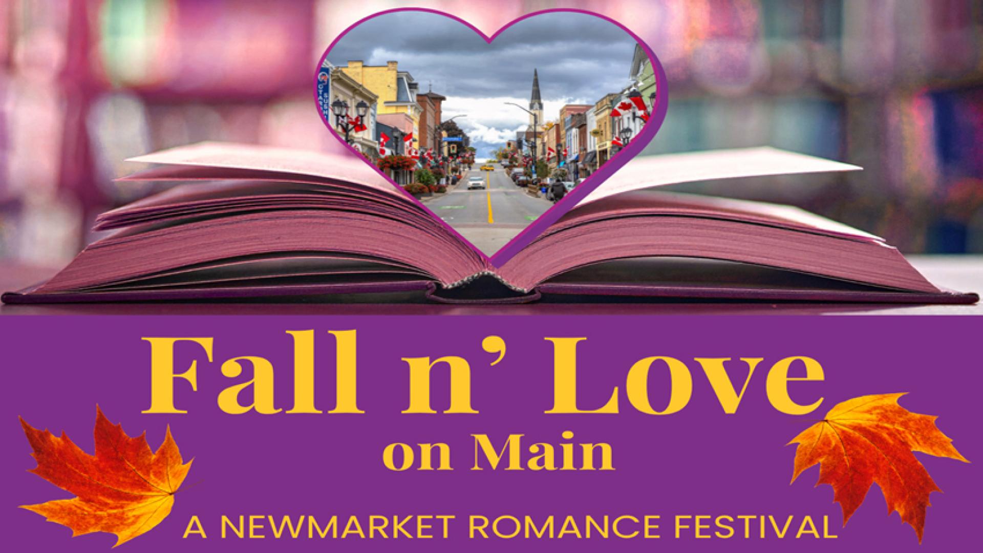 Fall n' Love on Main Romance Festival open book with Newmarket Main Street inside pages shaped like a heart