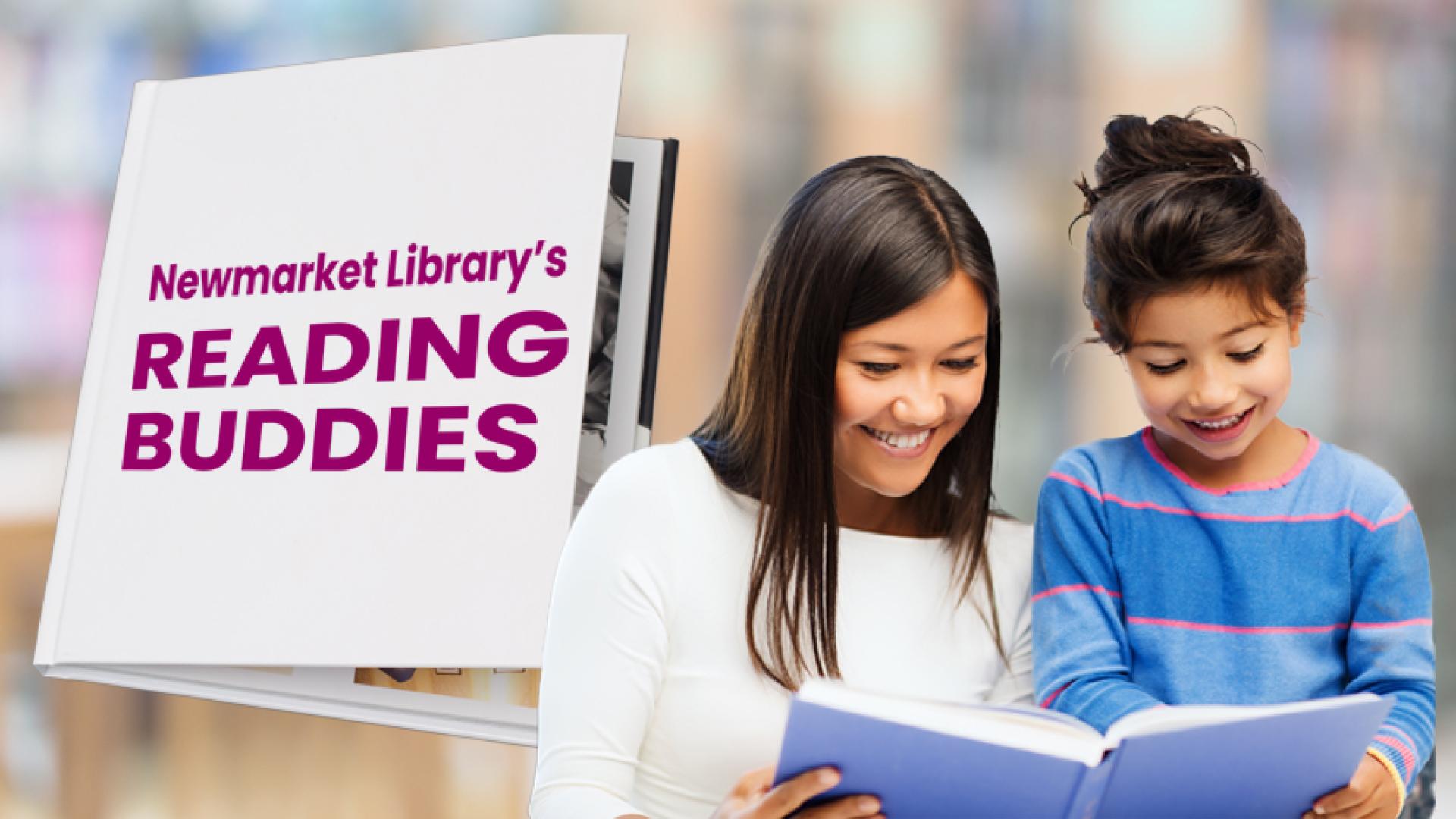 Woman reading with young girl, book with words Reading Buddies behind them
