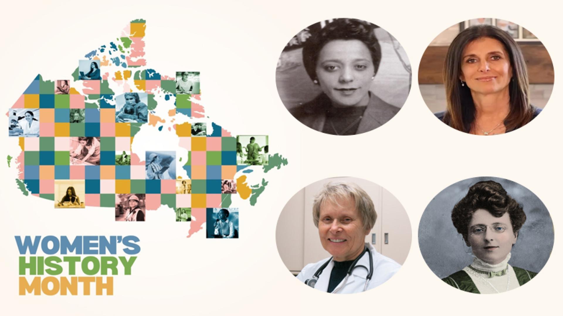 Women's History month map of Canada with pictures of famous Canadian women