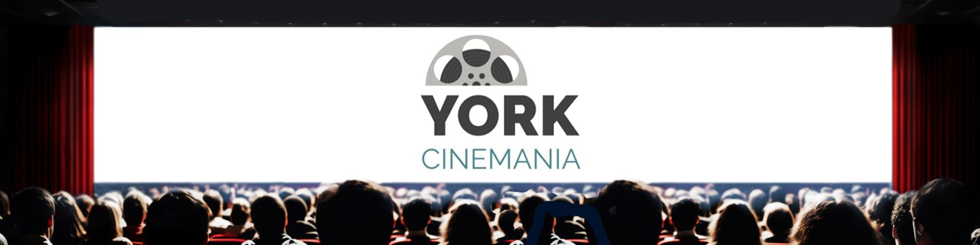 movie theatre screen with audience, York Cinemania logo on the screen