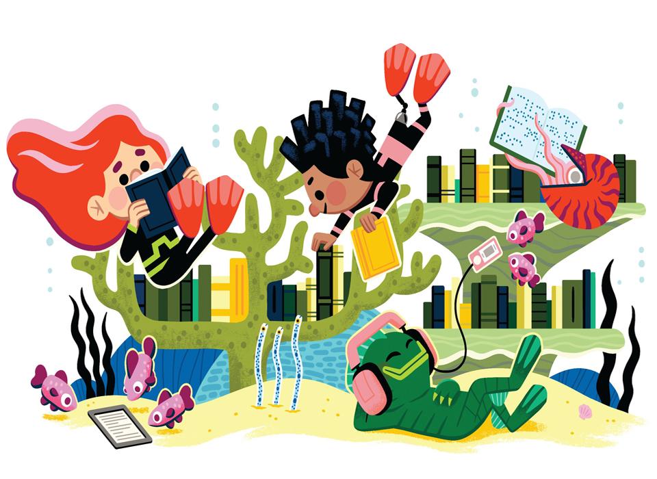 Children with scuba gear reading books in the water
